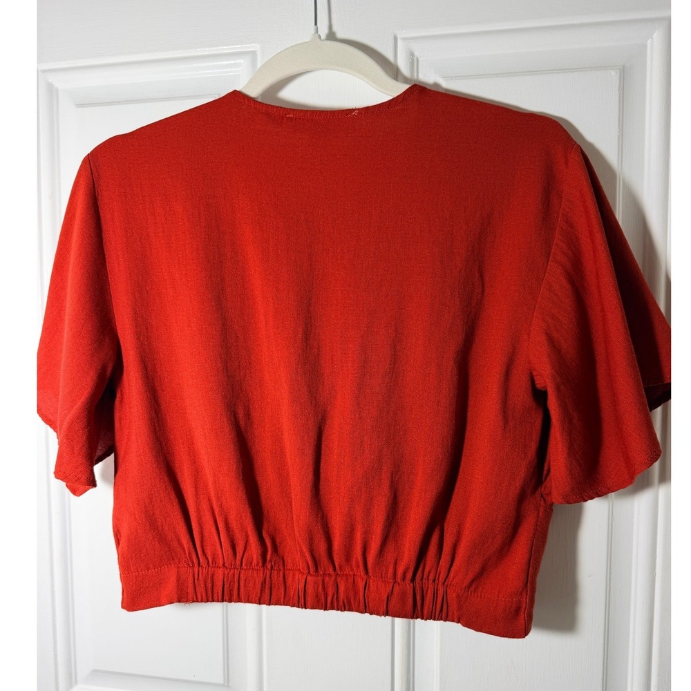 Timing Rust Red Twist Front Crop Top Medium V-Neck Linen Blend Short Sleeve - Picture 2 of 16